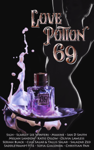 Love Potion 69 book cover. Dark cover with a bottle of purple potion and a splash of milky white on a round tray.
