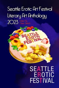 Seattle Art Festival Literary Anthology 2023 purple book cover with a white, floral cake.
