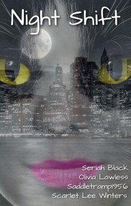 Night Shift book cover with cat eyes overlaying a night cityscape.