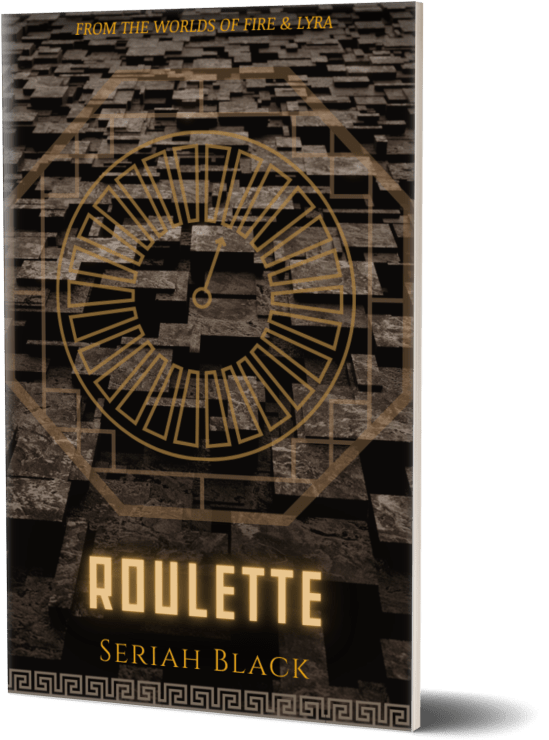 Roulette slim book cover with a dial in an octagon box over a background of labyrinth blocks.
