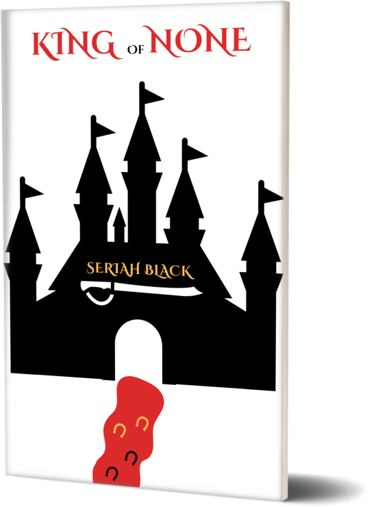 King of None slim chap book cover with hoof prints in blood leading to a castle silhouette with a saber on it.