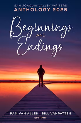Beginnings and Endings Anthology 2025 edited by Pam Van Allen and Bill VanPatten. Sunset book cover with a person standing at the end of a dock overlooking the city.