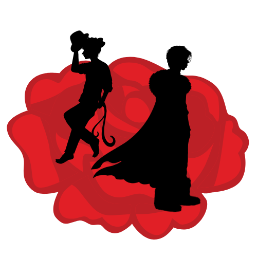 Silhouettes of a short, boyish man with cat ears, a bowler hat, and two cat tails, and a woman in a pixie haircut, fur cloak, and furry boots.
