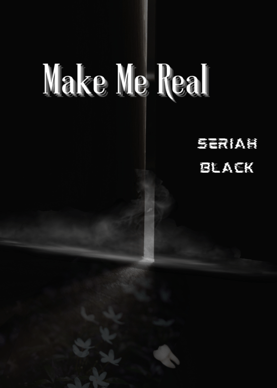 Make Me Real short story cover, with a tooth and jasmine flowers leading up to a cracked open door. Wispy steam is escaping through the door. The author's name looks glitched.