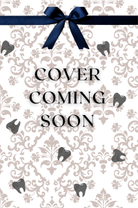 Teeth shadows scattered over old wallpaper-style giftwrapping with dark blue bow. Text says cover coming soon.