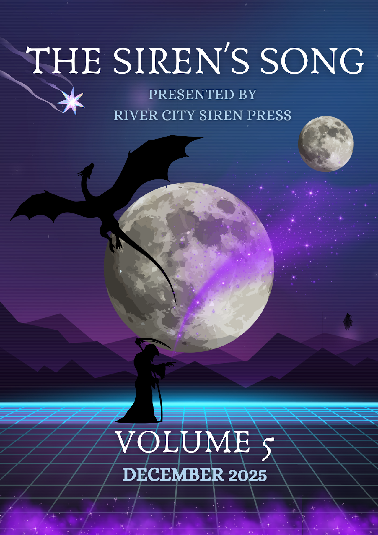 Siren's Song volume 5 magazine cover with a falling star and a dragon flying over 2 moons.