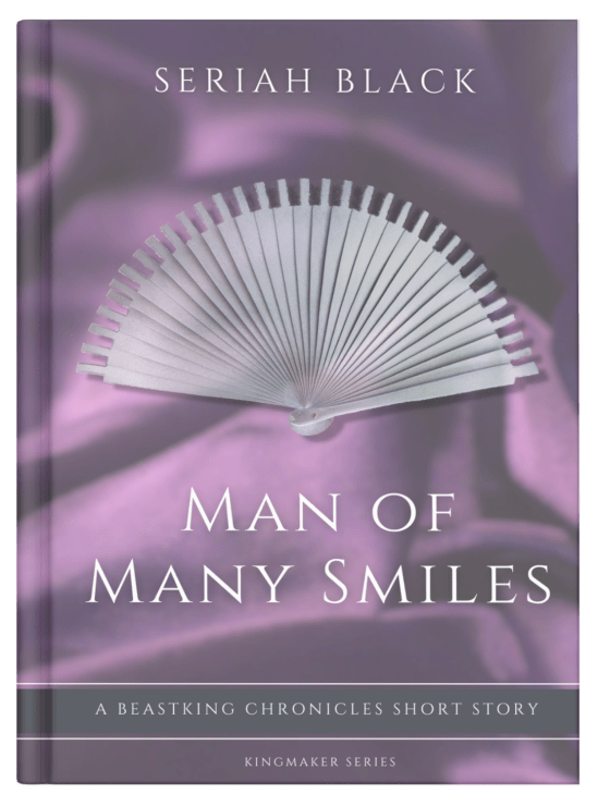 Man of Many Smiles short story cover, with a metal fan over purple silk sheets.