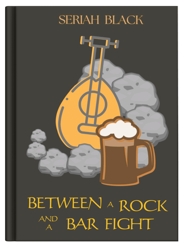 Between a Rock and a Bar Fight short story cover, with an ale mug in front of a rock dragon's tail, surrounding a lute.