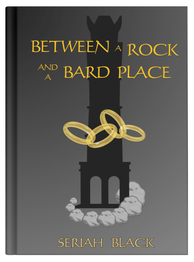 Between a Rock and a Bard Place short story cover, with golden rings in front of a dark tower surrounded by a rock dragon's tail.