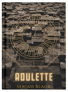 Roulette short story cover, with a dial arrow inside a decorative octagon, over a background of uneven brick blocks.