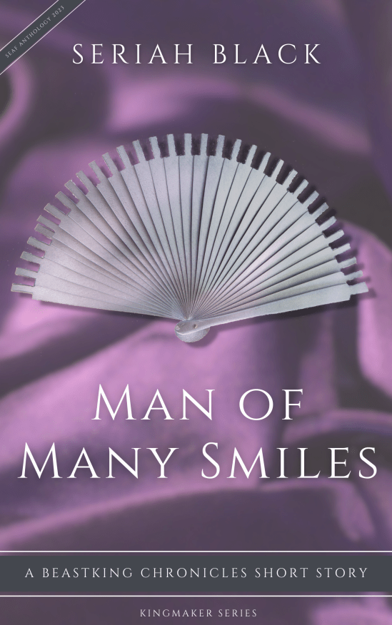 Man of Many Smiles short story cover, with a metal fan over purple silk sheets.