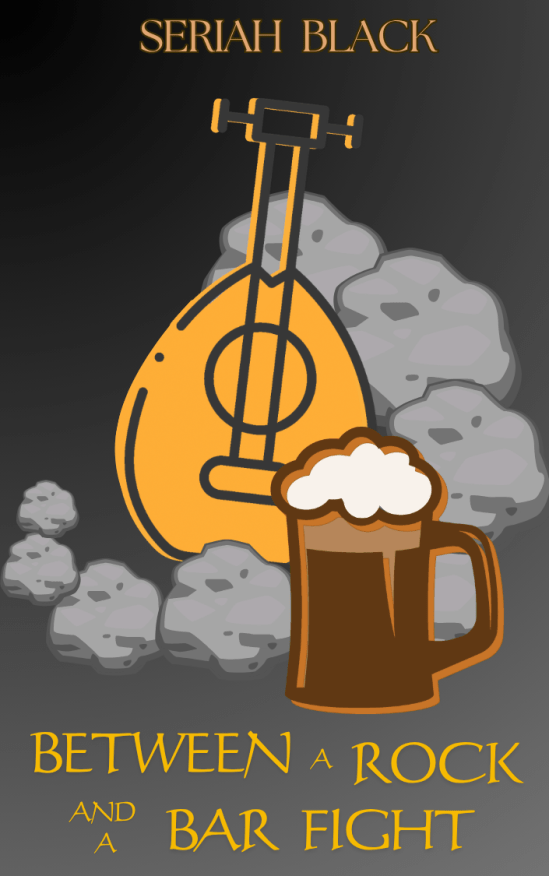 Between a Rock and a Bar Fight short story cover, with an ale mug in front of a rock dragon's tail, surrounding a lute.