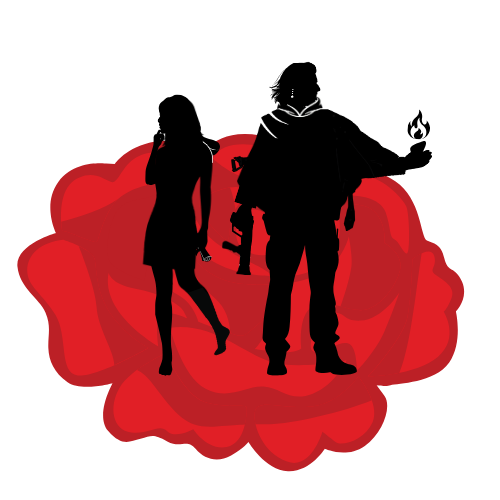 Silhouettes of a long-haired woman in a hooded dress carrying a scroll, and a man with shoulder-length-hair, in a poncho and utility pants, carrying a phaser and a flame.