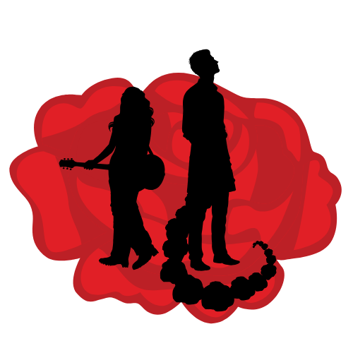 Silhouettes of a long-haired woman wearing pants and holding a guitar, and a tall short-haired man in a trench coat with a tail made of rocks.