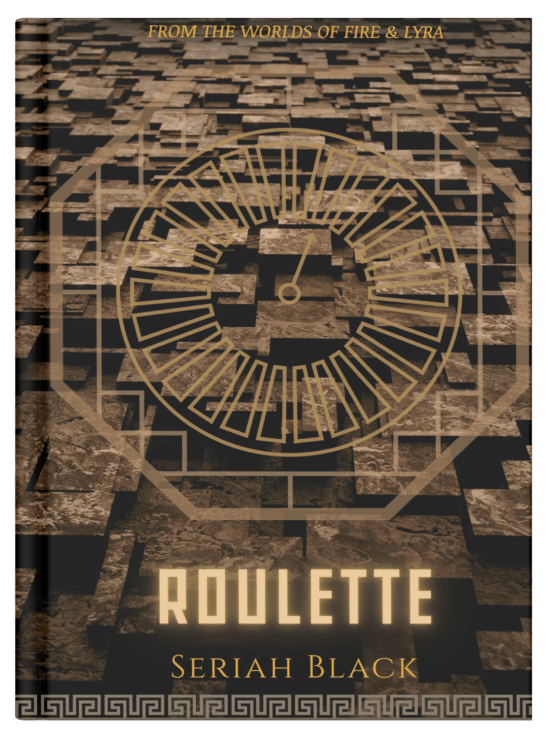 Roulette short story cover, with a dial arrow inside a decorative octagon, over a background of uneven brick blocks.